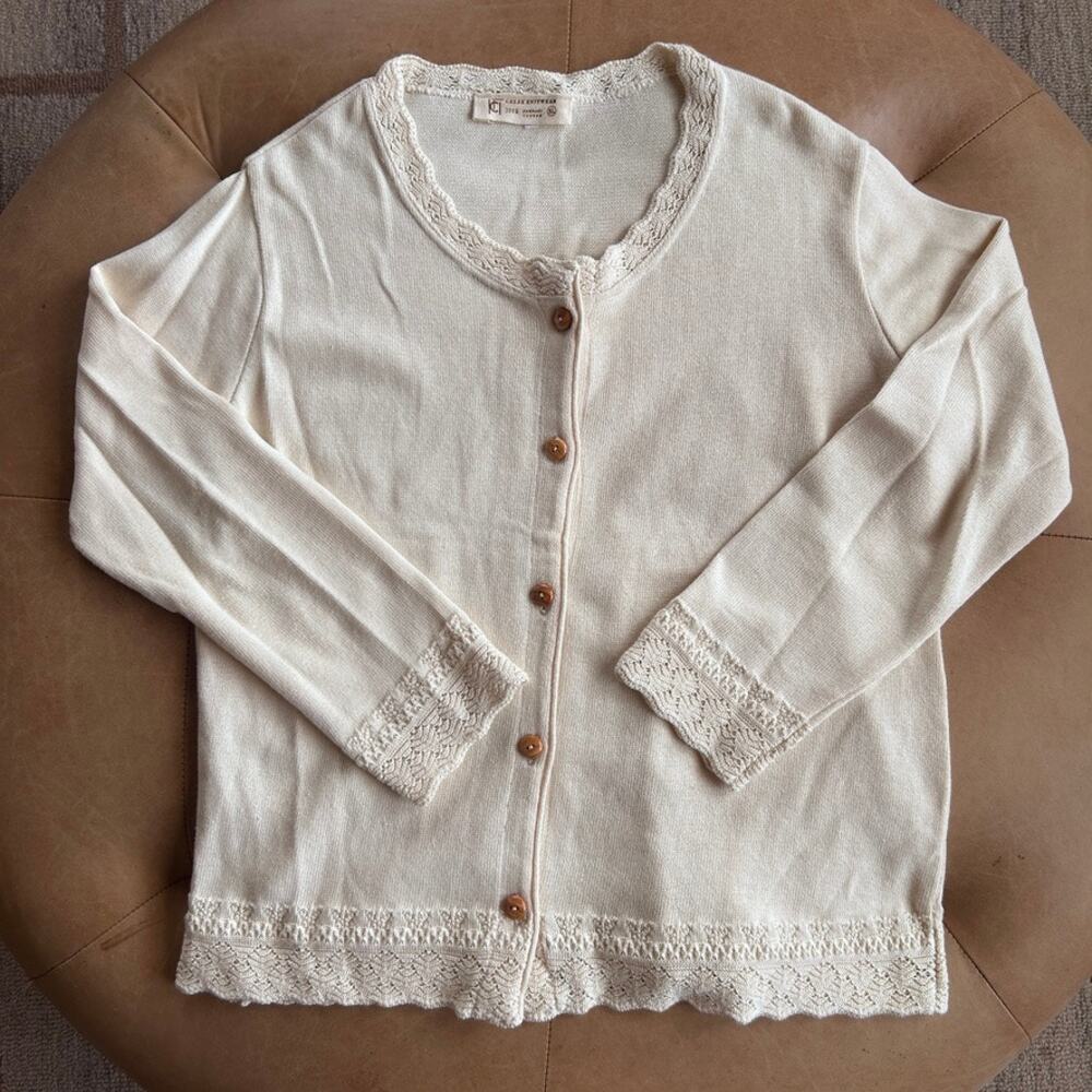 Cream Cotton Crochet Lace Cardigan Sweater Romantic Capsule Knit L Made Greece